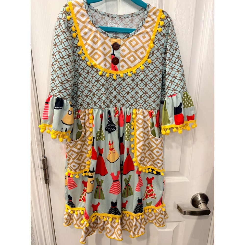 Ruffles by Tutu and Lulu Dress Blue Yellow Mixed Print Pom Pom Trim Pockets 7-8Y